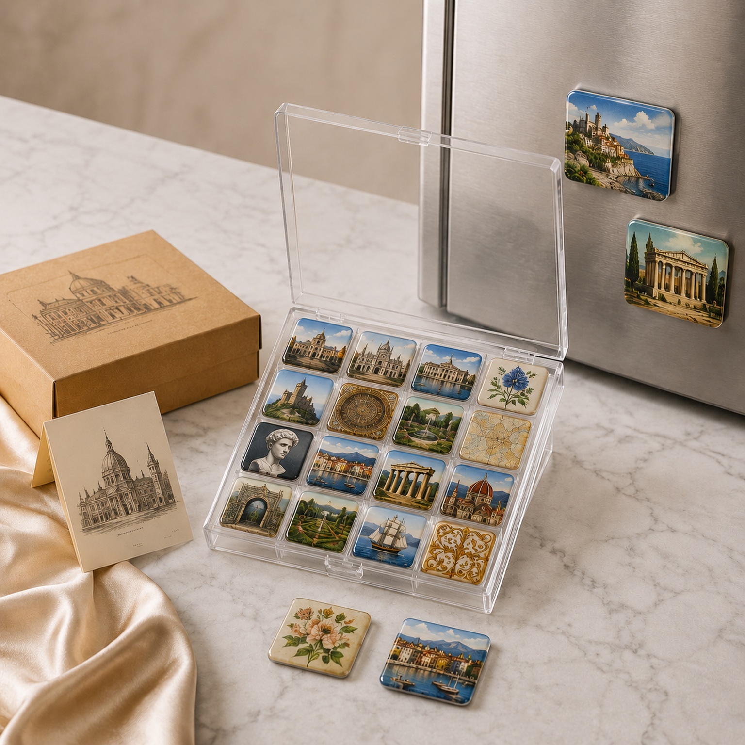 0.8mm epoxy-coated rubber magnet souvenir set in a transparent retail box for museum and travel gift shops