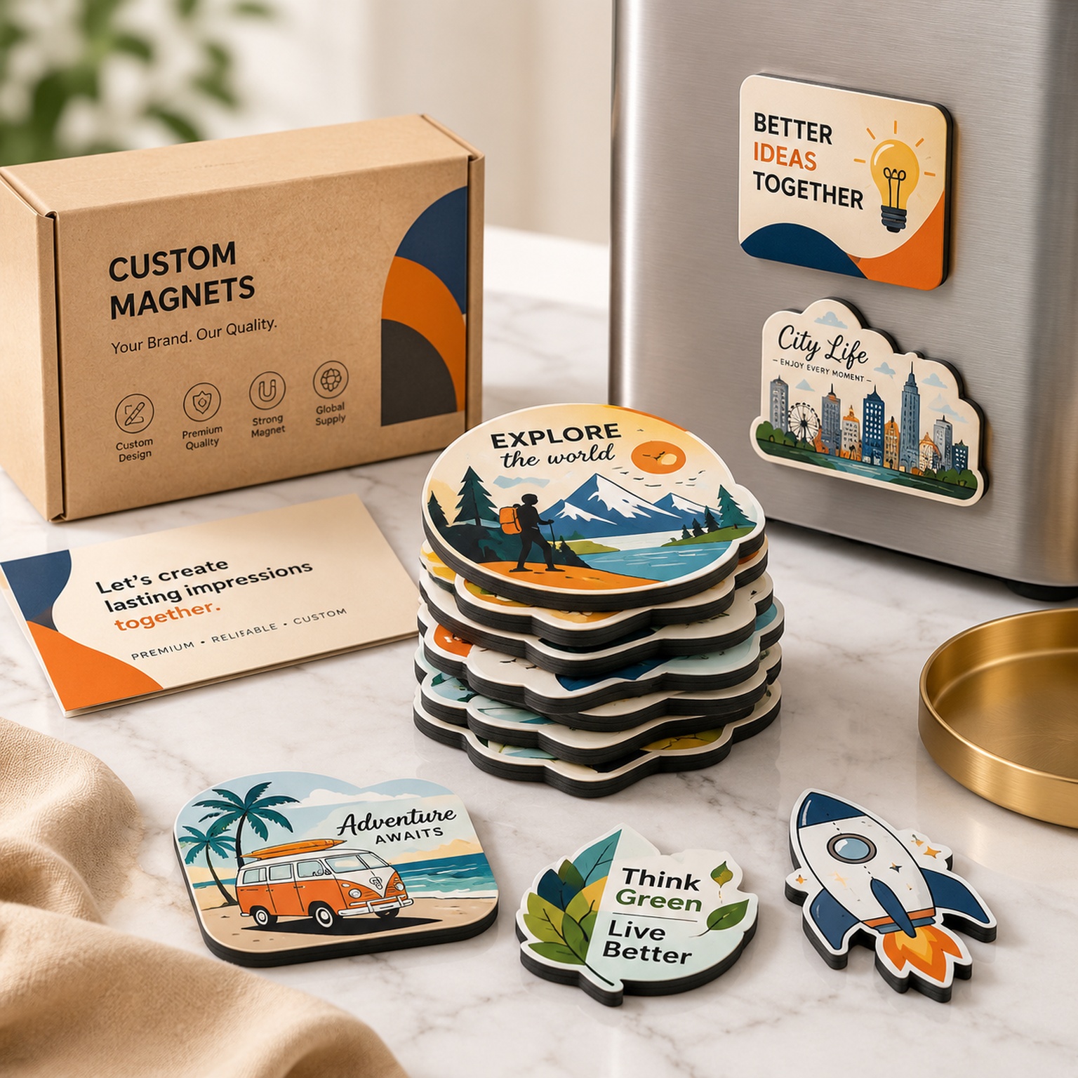 0.8mm anisotropic printed rubber magnets with custom shapes, packaging and promotional refrigerator signage