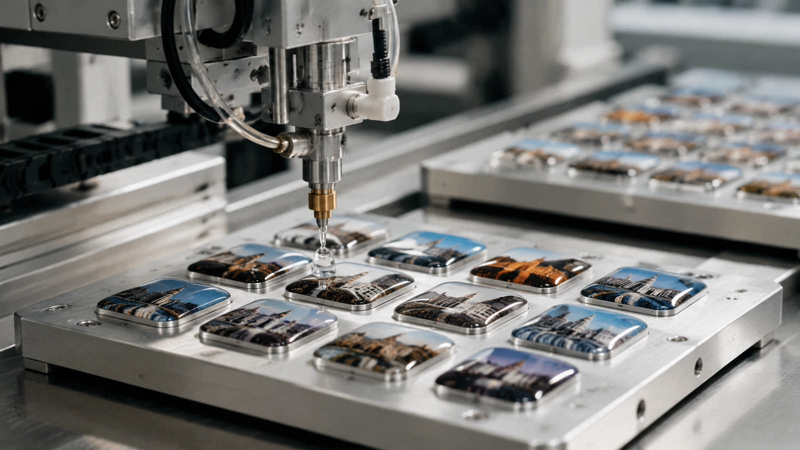Epoxy dome finishing and curing equipment for flexible rubber magnet souvenir production