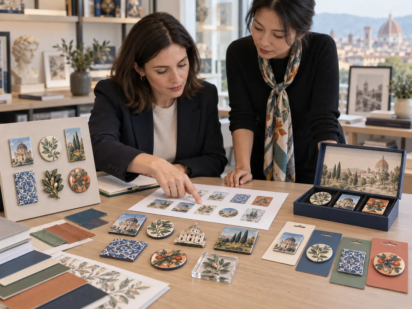 Museum retail buyer reviewing a coordinated custom magnetic merchandise collection
