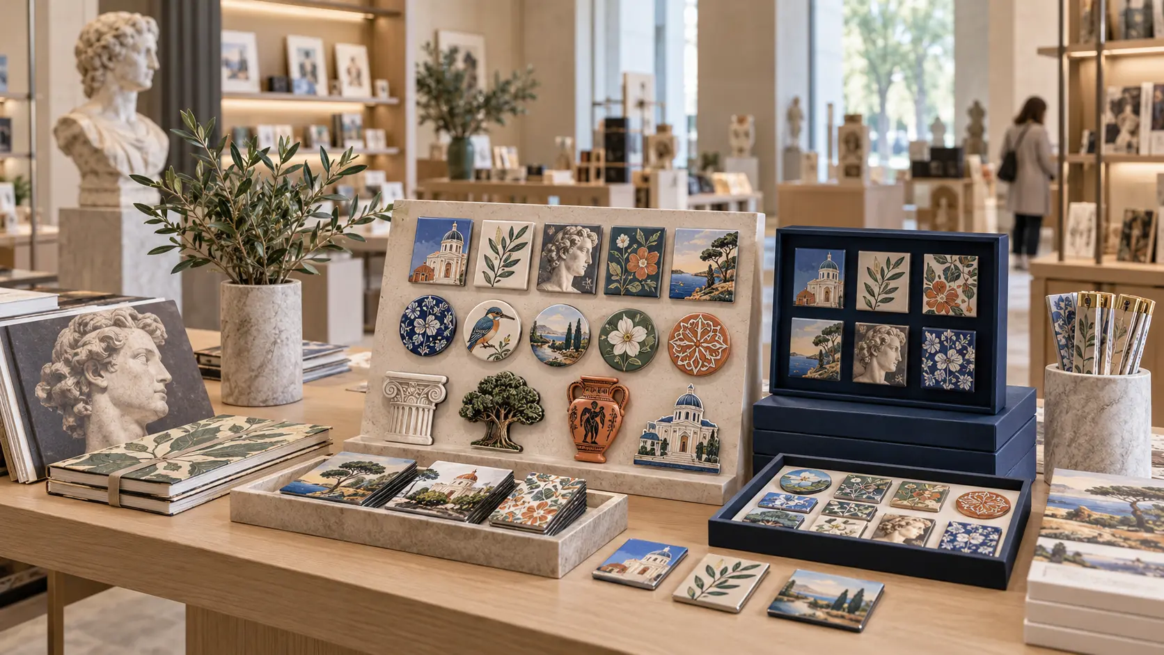 Custom magnetic merchandise displayed in a premium museum gift shop