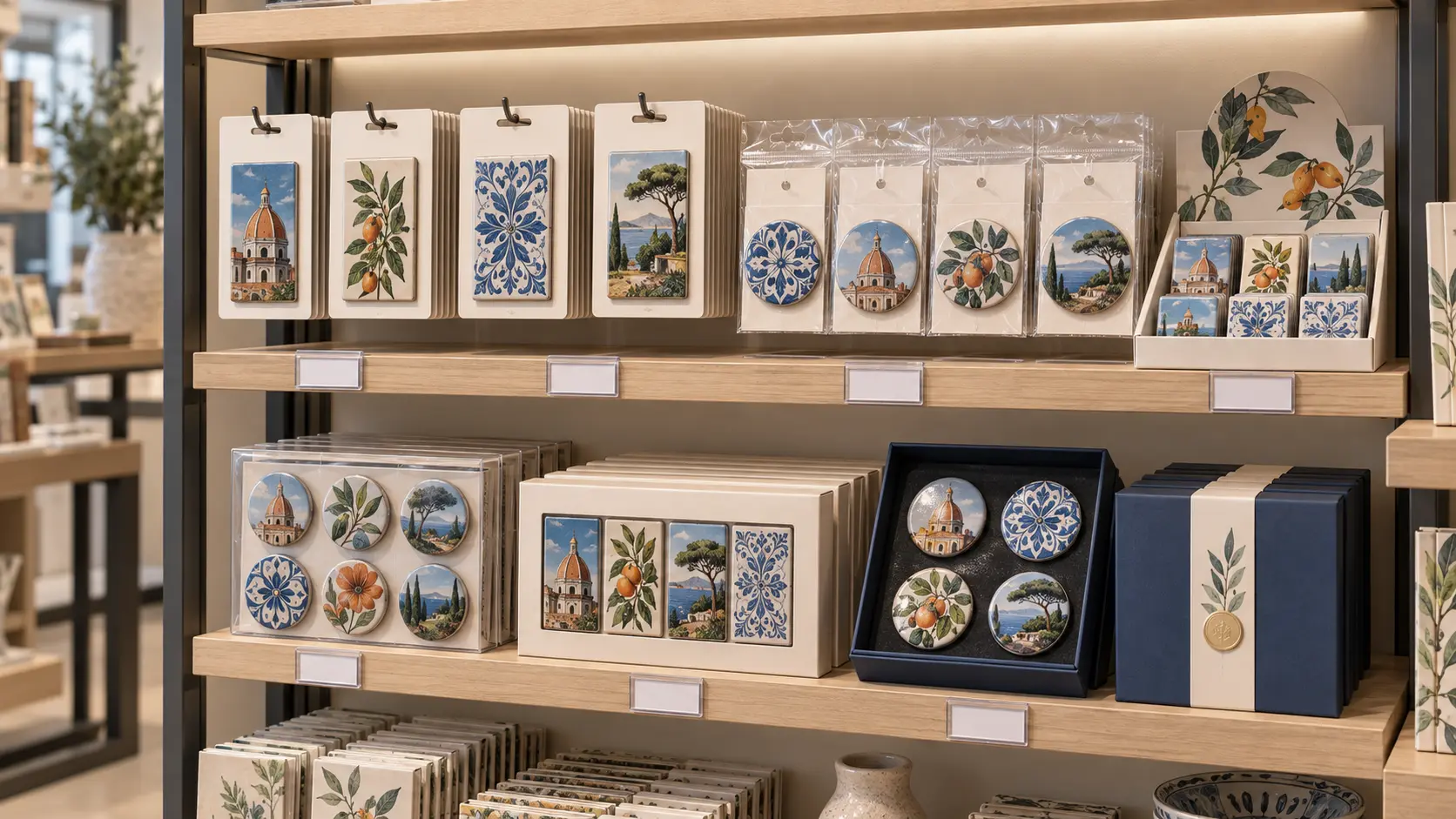 Museum gift shop retail fixture with coordinated magnetic merchandise and packaging