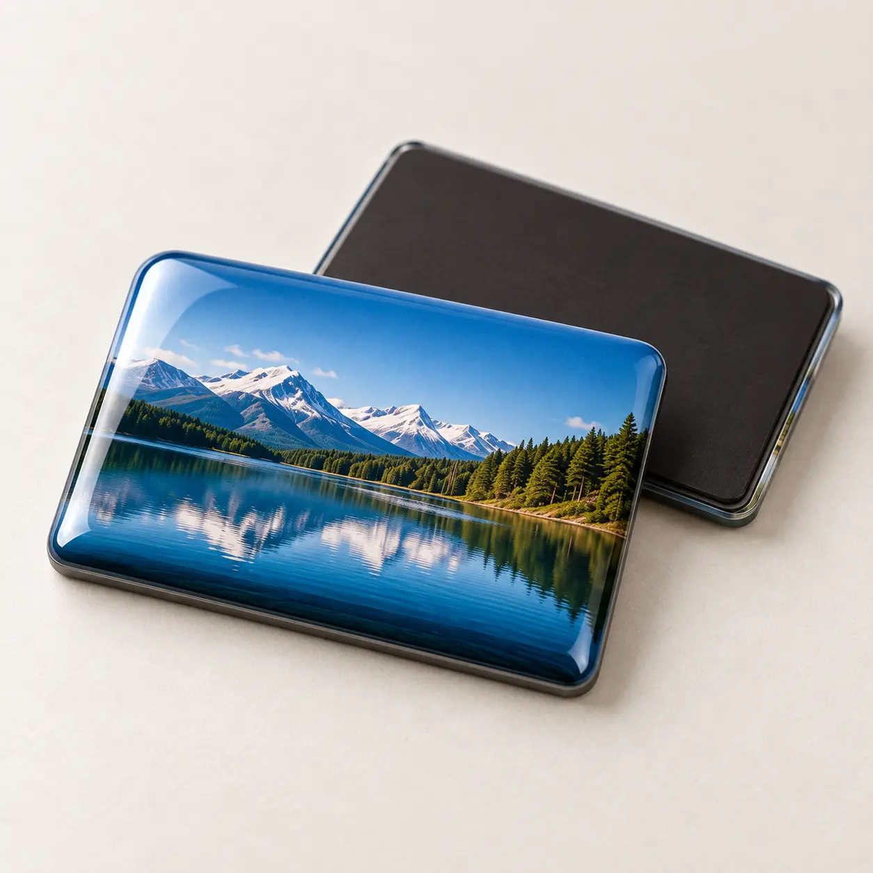 Epoxy-domed fridge magnet with glossy clear surface and magnetic backing
