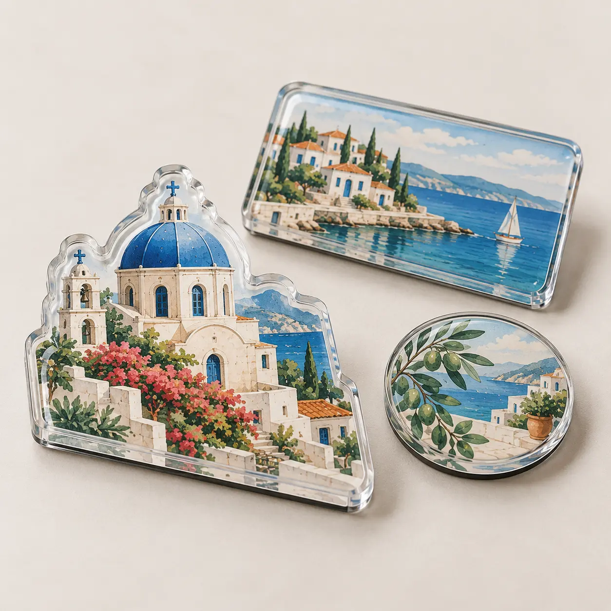 Premium acrylic souvenir magnets with polished transparent edges