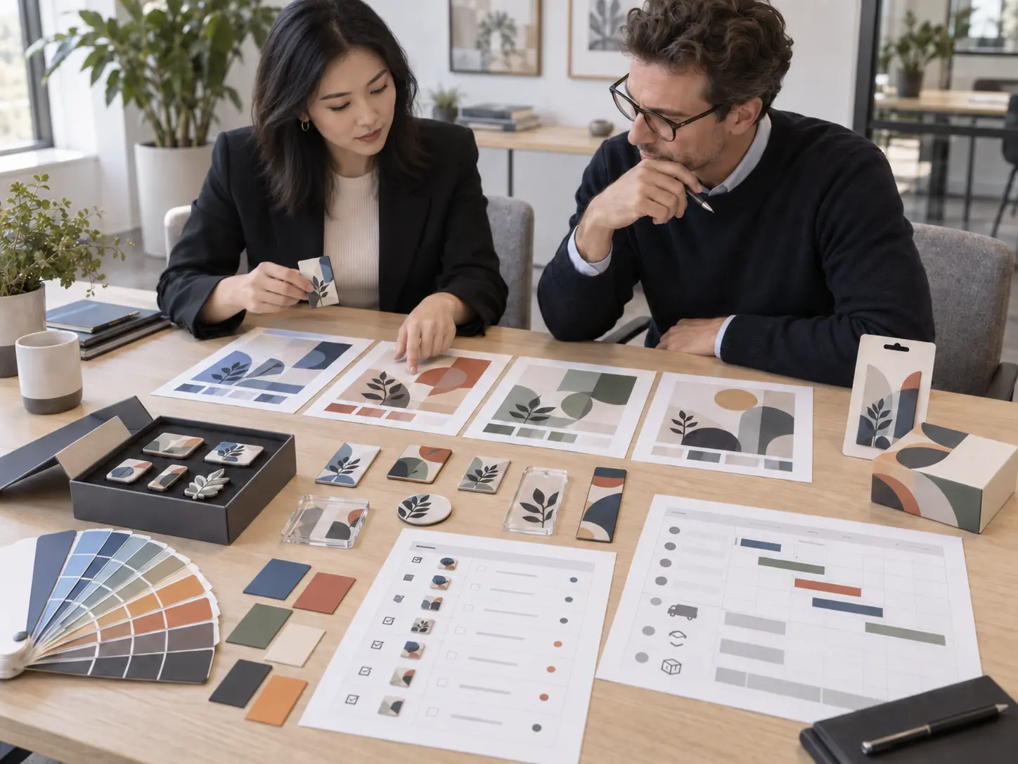 Campaign approval review with magnetic promotional samples artwork versions and colour references
