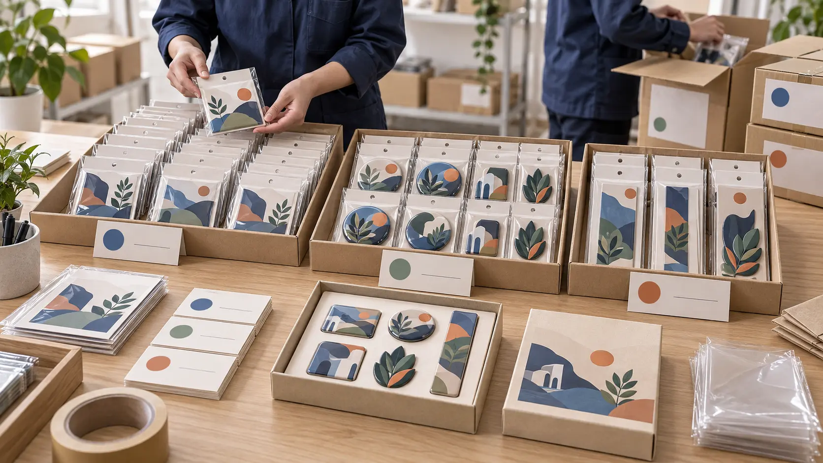 Promotional magnetic merchandise grouped and packaged for campaign fulfillment and distribution