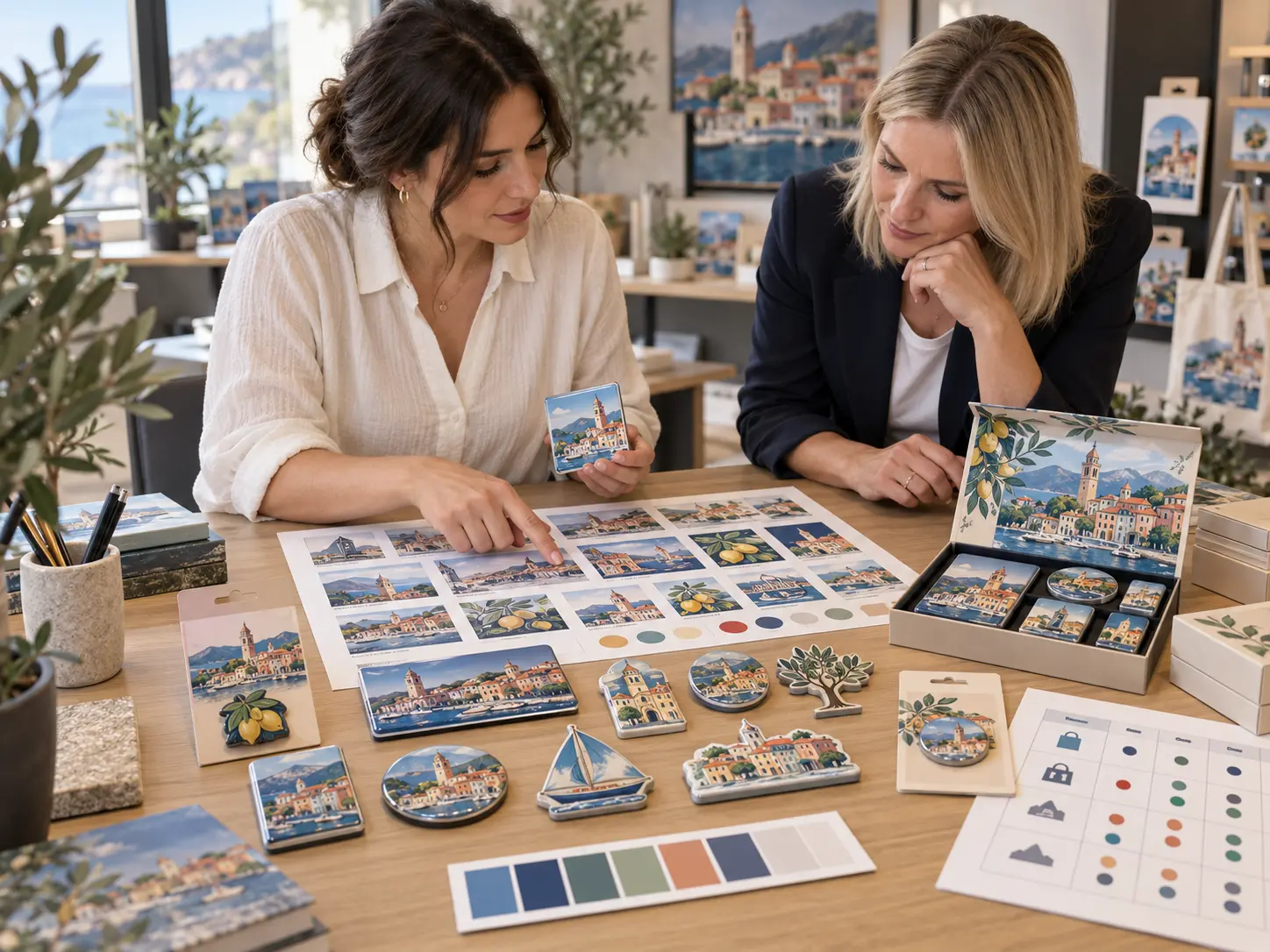 Tourism merchandise buyers planning a coordinated destination souvenir collection