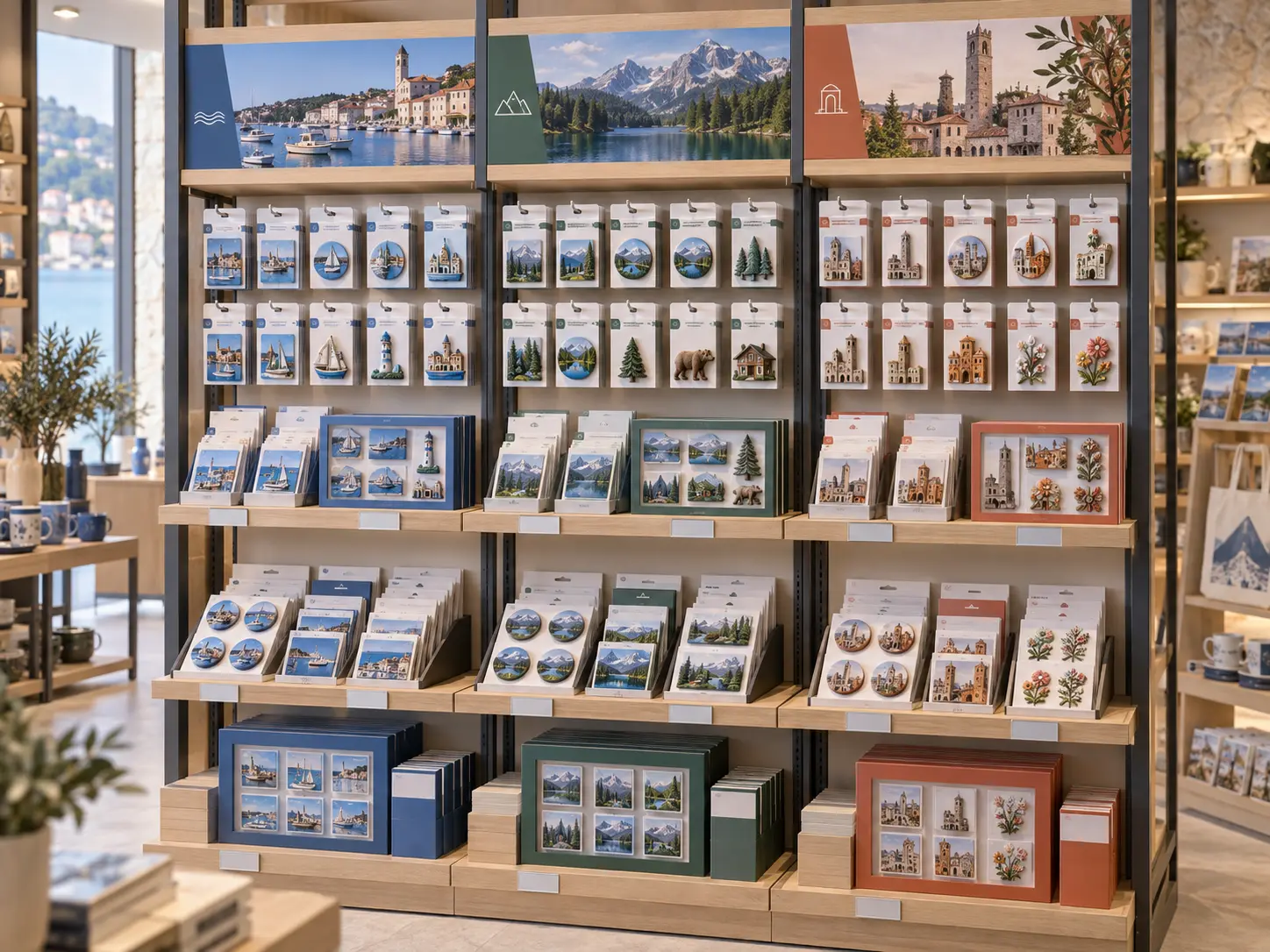 Multi-destination tourism souvenir ranges organized in a coordinated retail fixture
