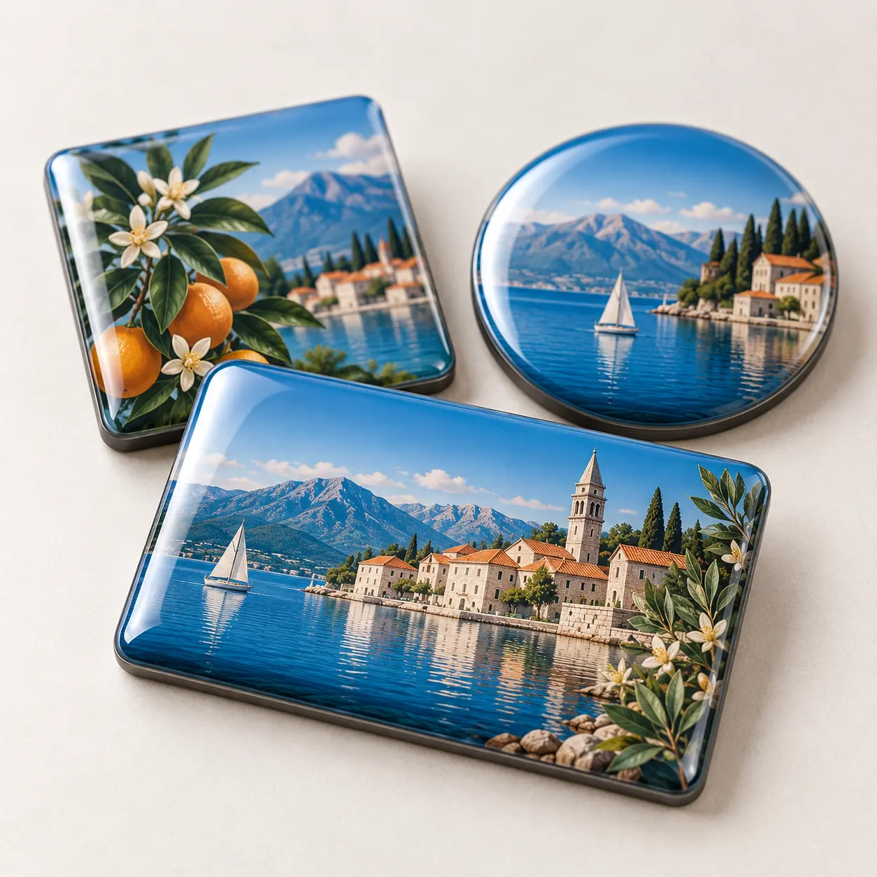 Epoxy-domed fridge magnets for coordinated tourism souvenir collections