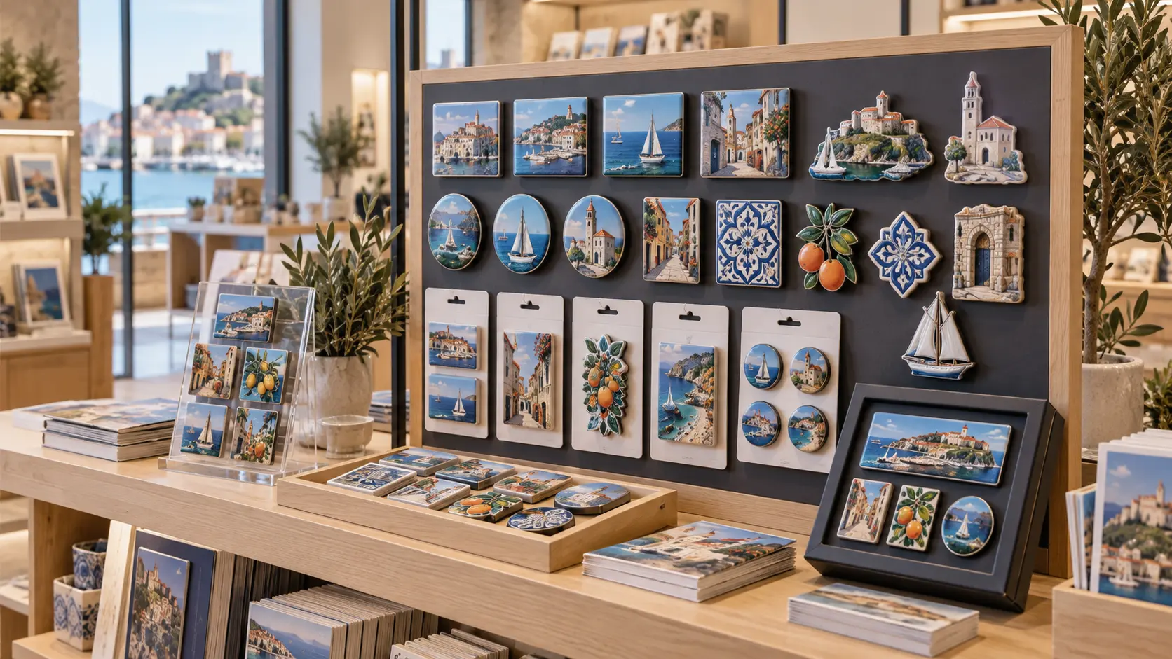 Custom souvenir magnets displayed in a premium destination retail environment